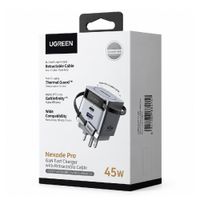 Cargador de pared Ugreen Nexode Pro X614, GaN, 45W, 2 USB-C y 1 USB-A, cable USB-C retráctil de 70 cm, gris